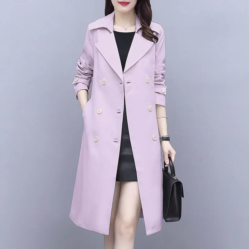 2021 New Spring Elegant Women Double Breasted Solid Thin Trench Coat Vintage Turn-down Collar Warm Trench With Belt Plus Size