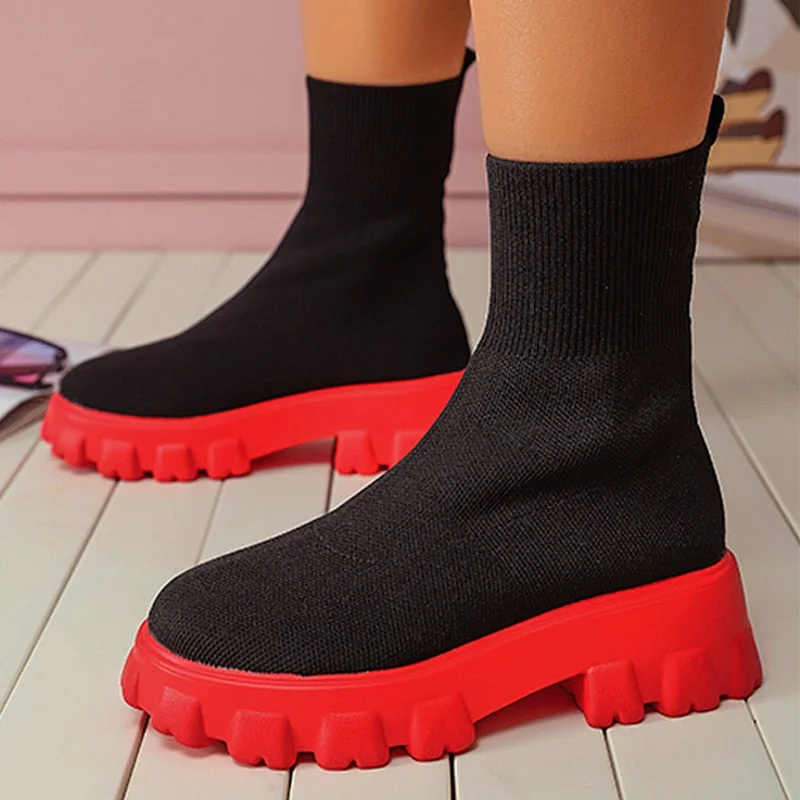 Women Ankle Boots Platform Knitted Ladies Autumn Socks Boots for Women Fashion Female Booties Plus Size High Heel Boot Chunky