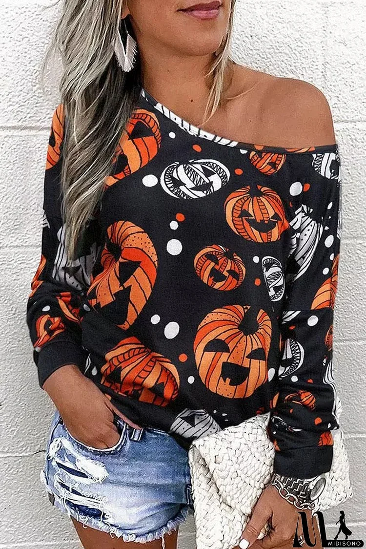 Halloween Pumpkin Face Crew Neck Top