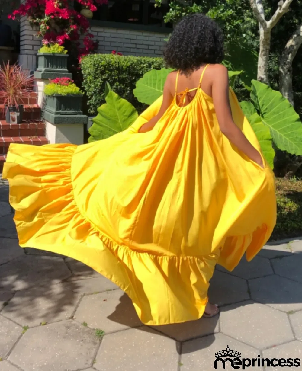 Women Summer Yellow Strap Solid Color Boho Swing Long Maxi Dress