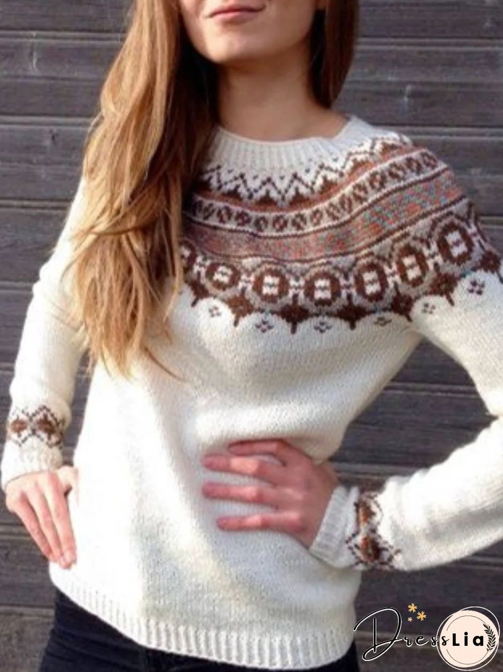 Round Neck Long Sleeve Cotton-Blend Sweater