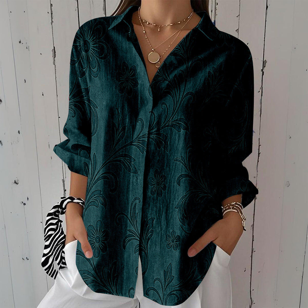Women Long Sleeve V-neck Graphic Floral Printed Top