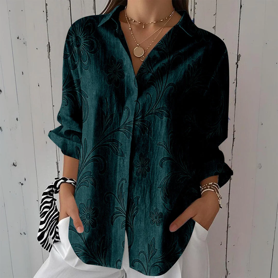 Style & Comfort for Mature Women Women Retro, Blue DZCL0331 3/4 Sleeve Shirt Collar Printed Button Tops