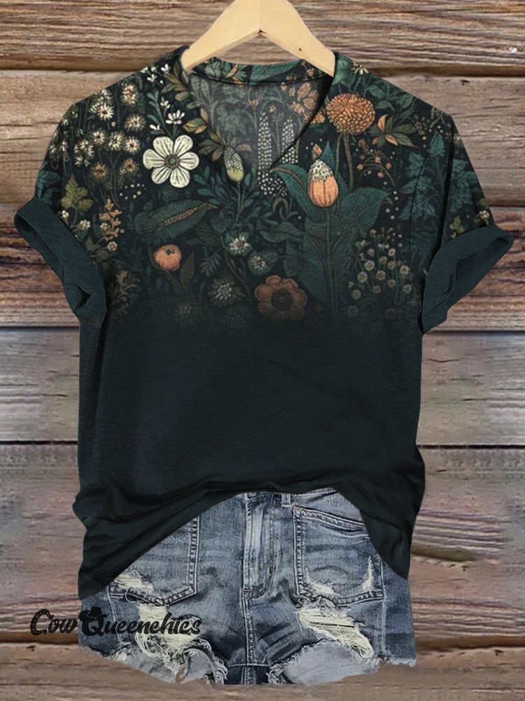 Retro Floral Print Casual V-neck Top Multicolor / S