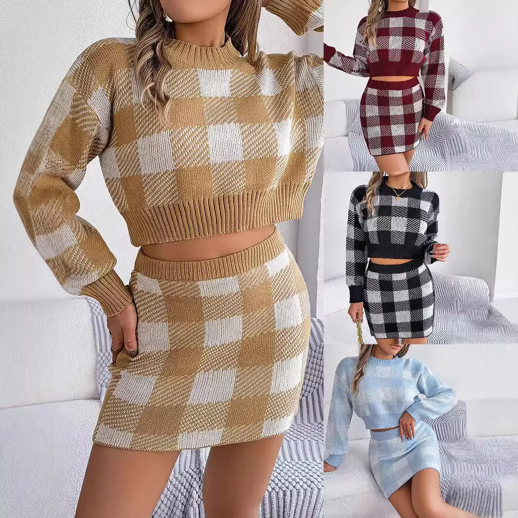 Brownm Brownm Shooting Autumn And Winter Casual Lattice Long Sleeve Open Umbilled Sweater Hip Skirt Suit Women's Clothing