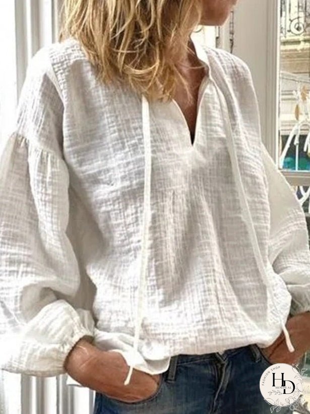 Blouses Casual Solid V-Neck Long Sleeve Blouse for Women