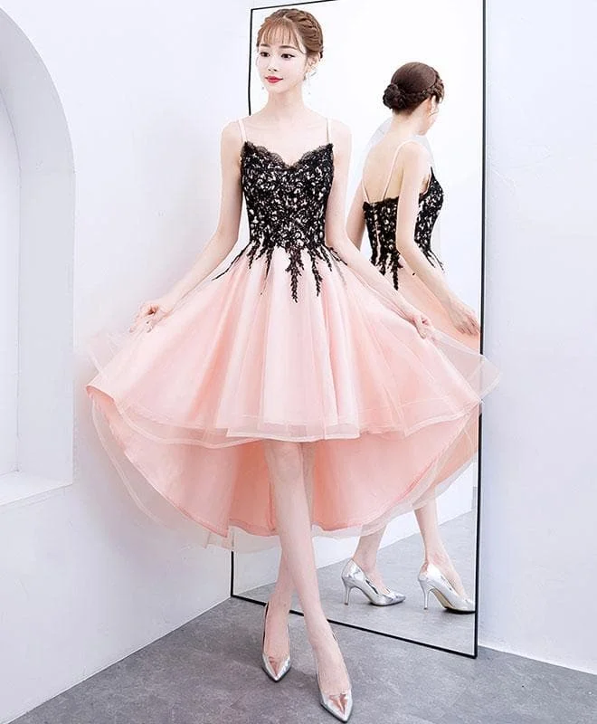 Pink V Neck Tulle Lace Short Prom Dress, Pink Homecoming Dress A020