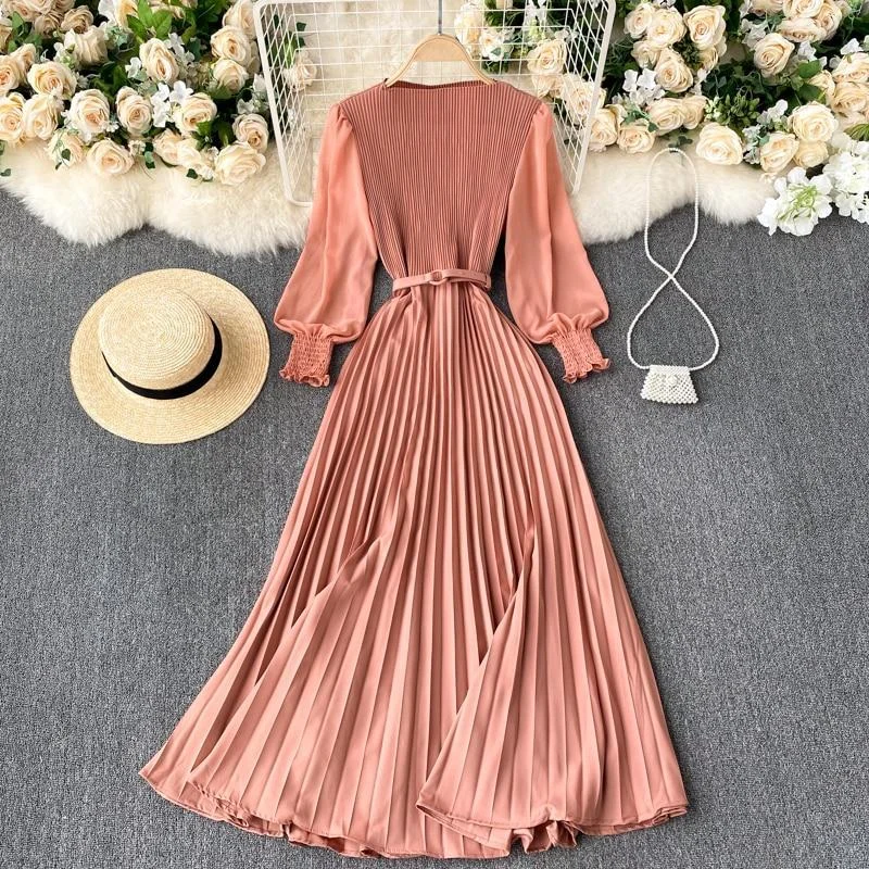 Autumn Fashion Streetwear Long Dress Design French Pleated Maxi Dress Women Elegant O Neck Long Sleeve A-line Dress 1026-1