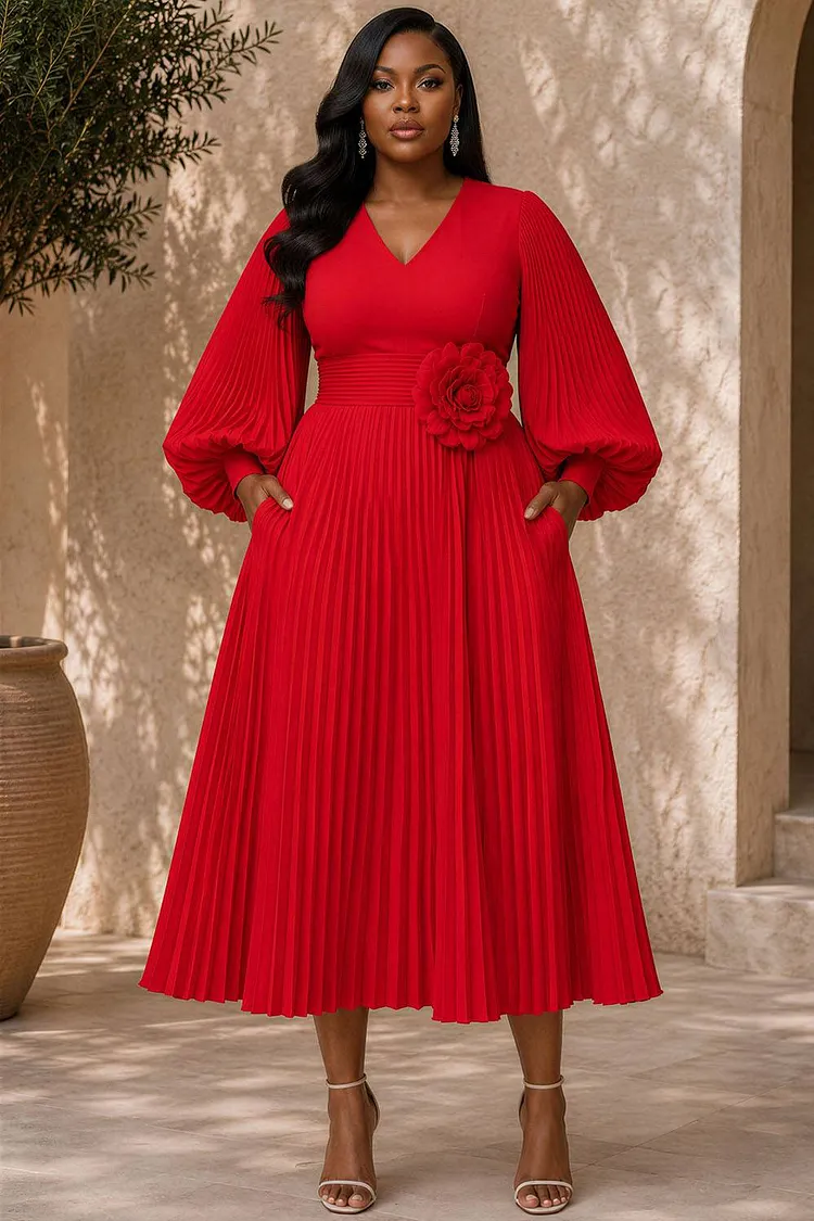 Xpluswear Design Plus Size Wedding Guest Red V Neck Lantern Sleeve Long Sleeve Pleated Pocket Chiffon Midi Dresses [Pre-Order] 2024 - Xpluswear