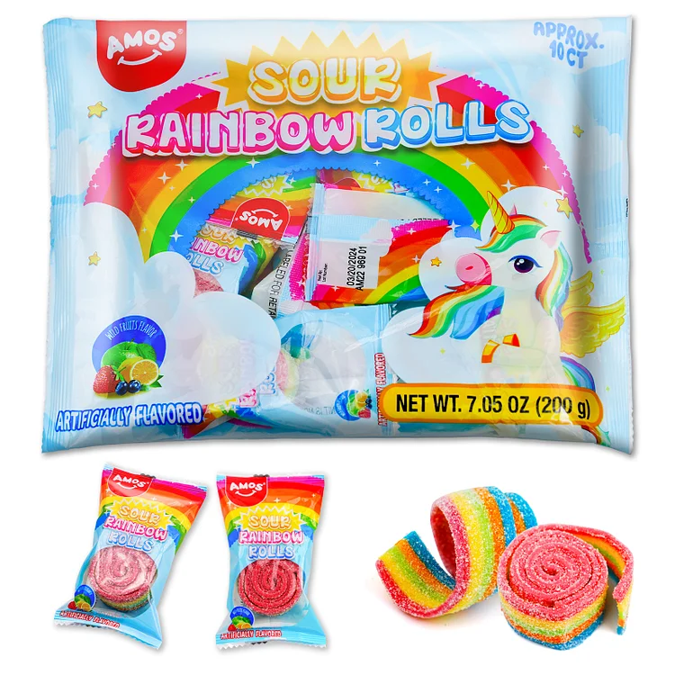 AMOS Rainbow Sour Belts Licorice Candy（10 pouch）