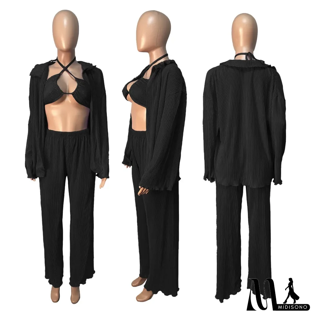 MidiSono - Fall Solid Color Wide Leg Pants Three-Piece Set