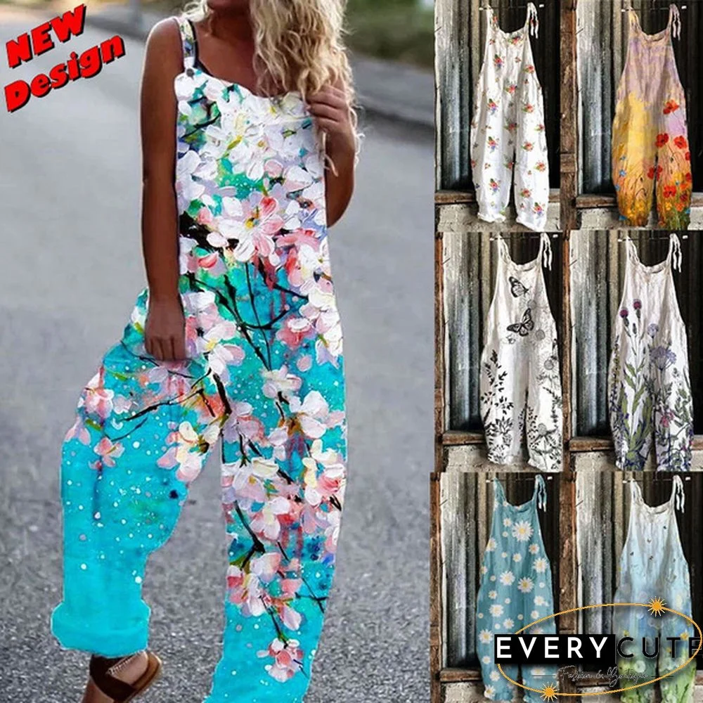 Summer New Fashion Women Casual Overalls Floral Print Jumpsuit Graphic Sling Pants Loose Casual Style Plus Size Streetwear