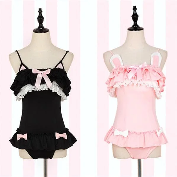 Pink/Black Kawaii Ruffled Kitty One-Piece Swimsuit SP179466