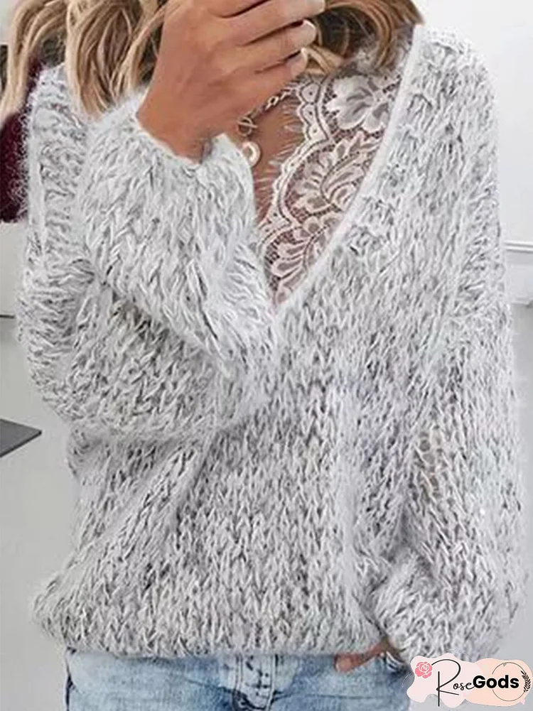 Casual V Neck Lace Edge Sweater