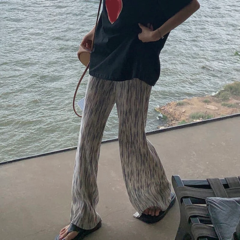 Churchf Summer Pleated Tie Dye Pants Women Korean Style Straight Wide Leg Trousers Woman High Waisted Streetwear Pants Feamle-Outfit Ideas