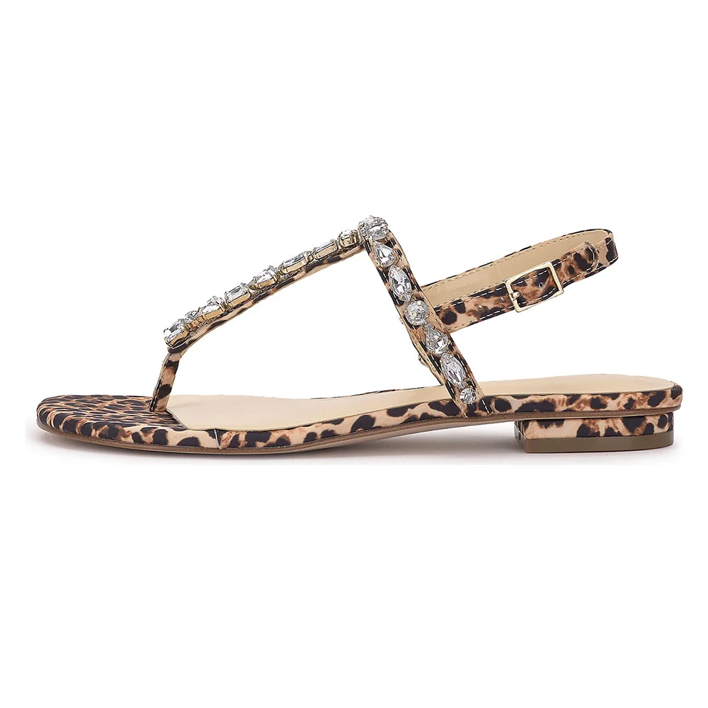 Leopard Print Open Toe Rhinestones Flip Flops Flat Sandals for Women