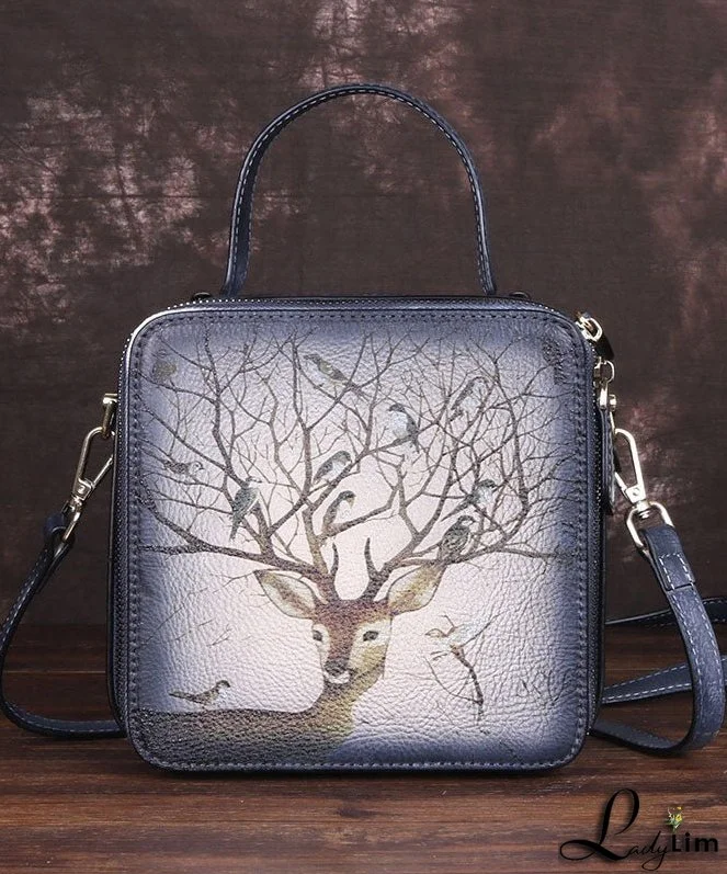 Handmade Grey Print Paitings Calf Leather Tote Handbag