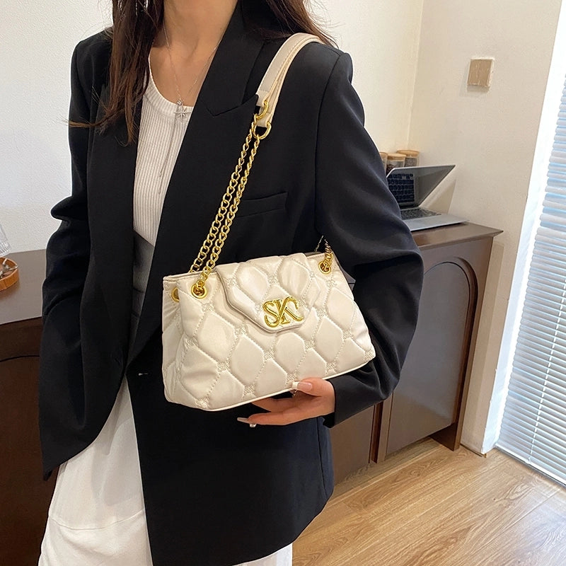 Women's Pu Leather Letter Lingge Elegant Sewing Thread Square Flip Cover Crossbody Bag