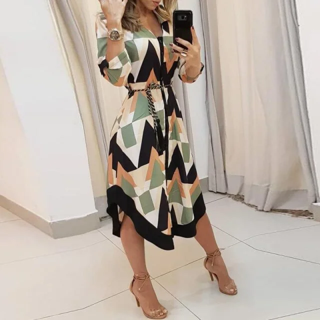 Classic Print Tie-Up Turn-Down Collar Midi Dress