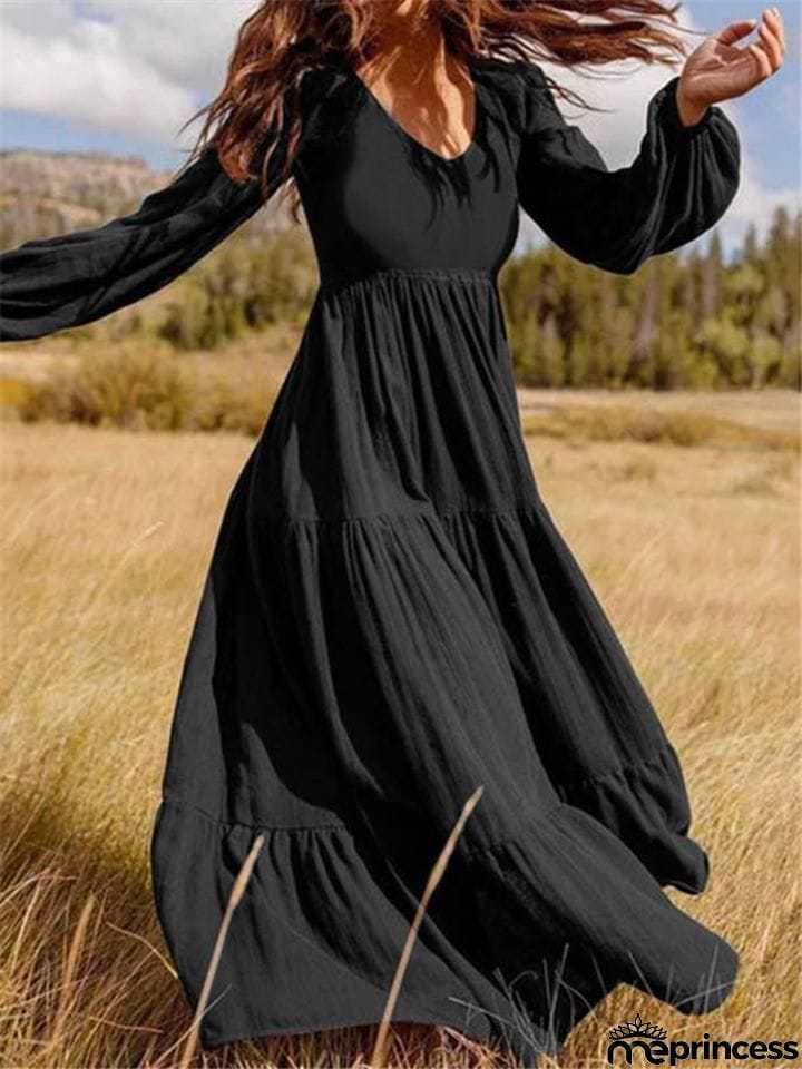 Stylish V Neck Long Sleeve Elastic Cuff Pleated Maxi Dress