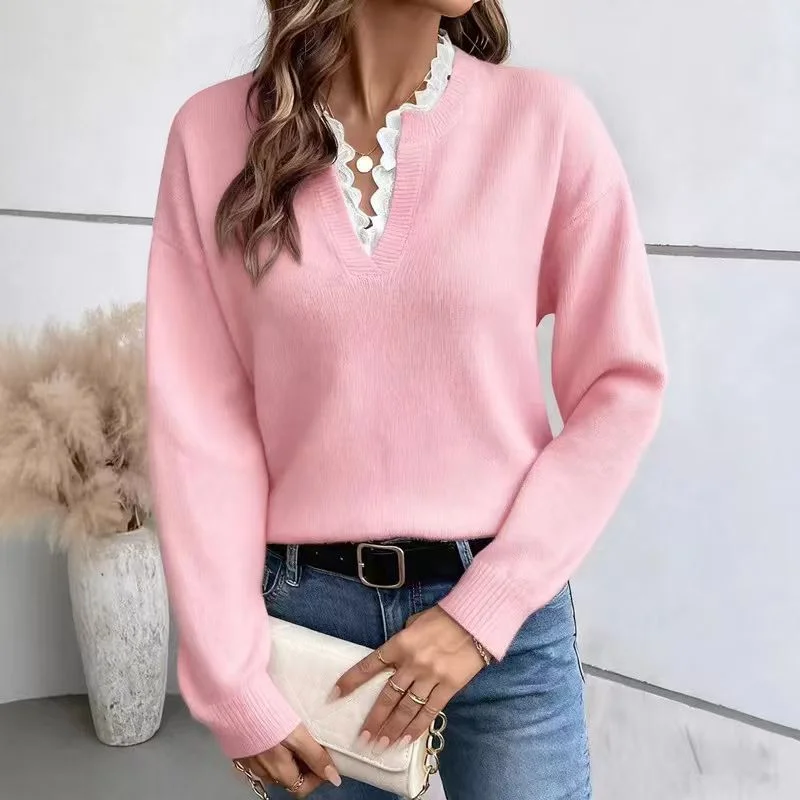 Athvotar Athvotar 2025 New Fashion Lace V-Neck Sweater Solid Color Loose Long-Sleeved Knitwear Shirt
