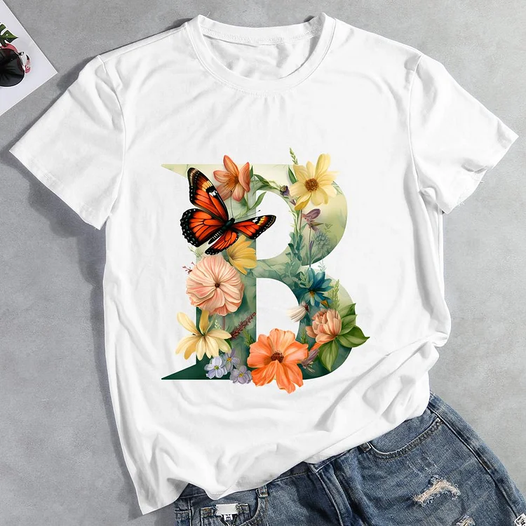Butterfly Alphabet B Round Neck T-shirt