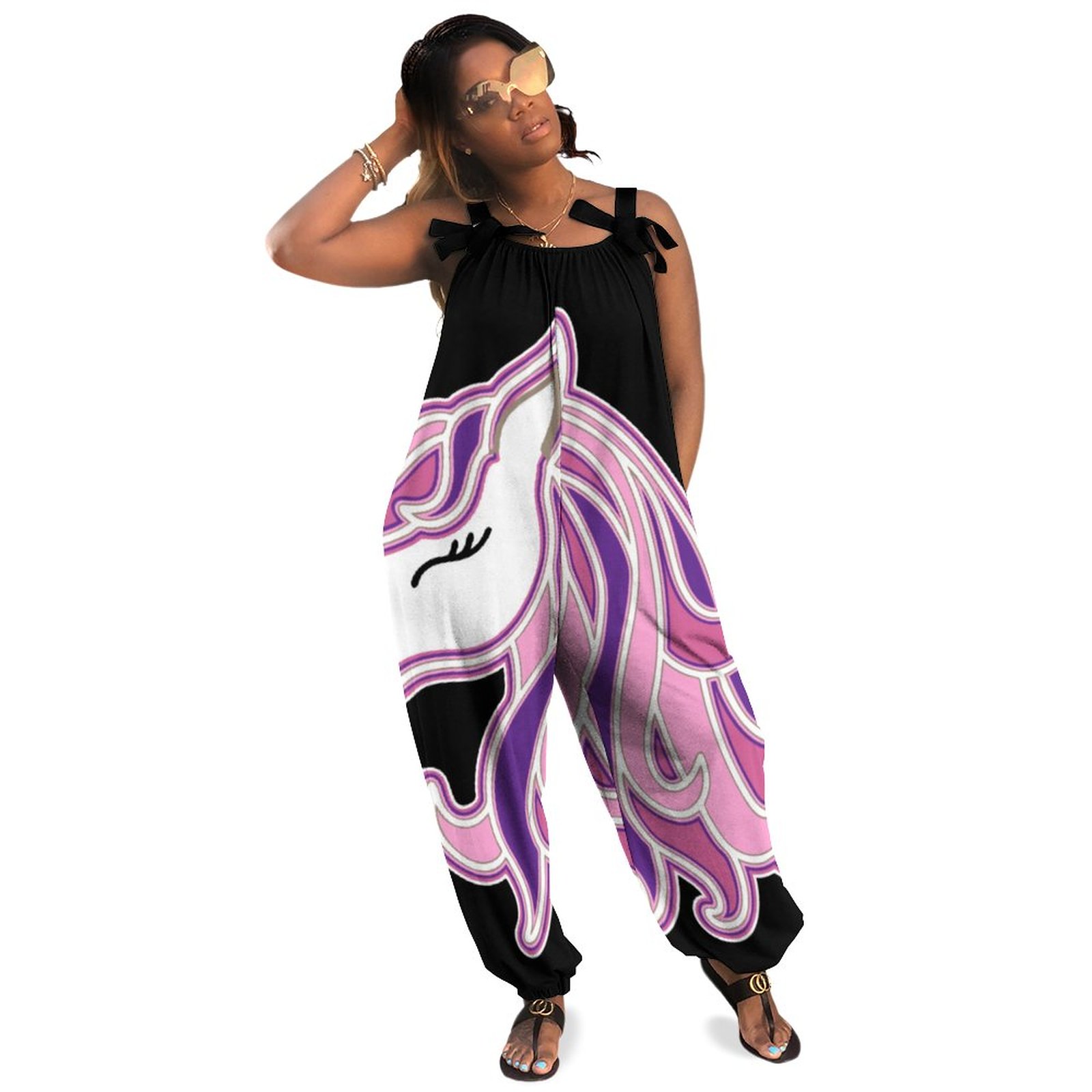 Black Unicorn Plus Size Women Rompers Summer Casual Loose Stretchy Jumpsuit Sequin Romper Boho Style Pockets