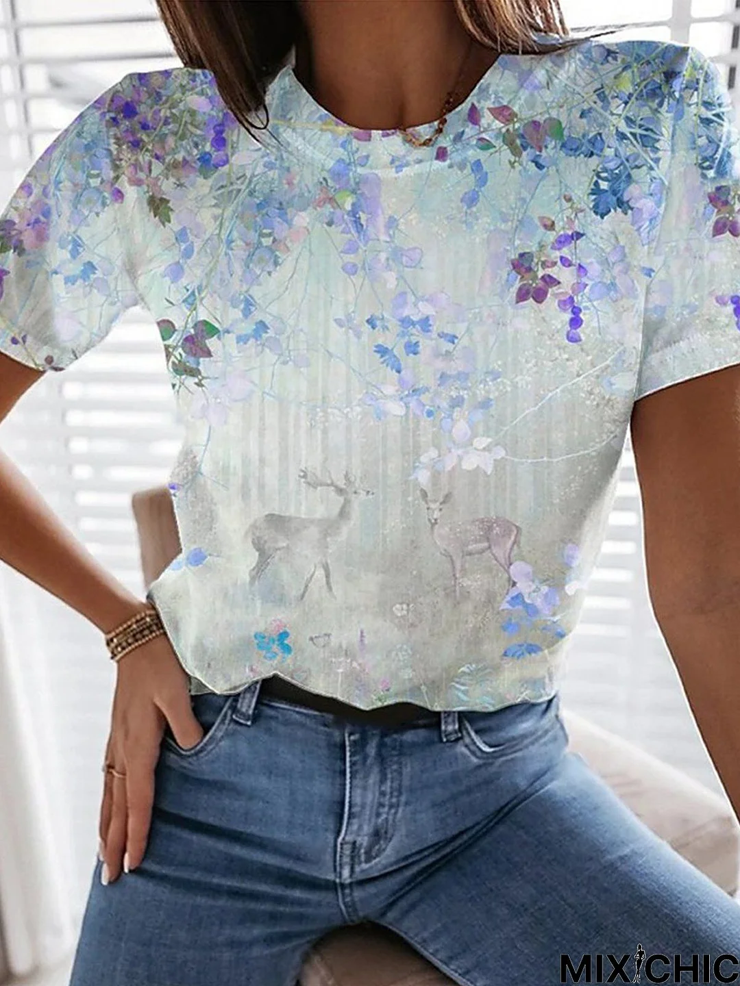 Cotton Casual Floral Crew Neck T-shirt