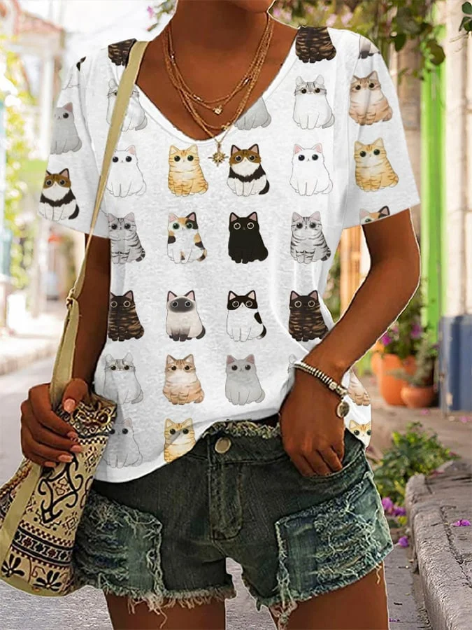 Women's Cat Casual Print V-Neck T-Shirt