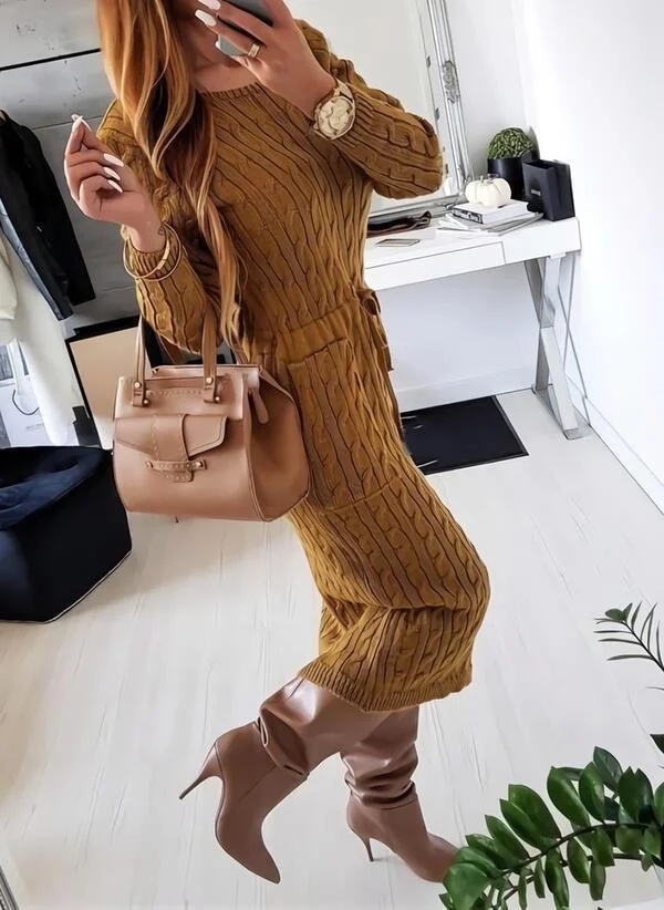 Solid Cable-knit Round Neck Casual Long Tight Sweater Dress DMladies
