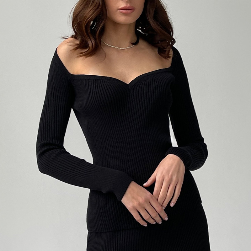Square Neck Slim Knit Sweater with Long Sleeves Top