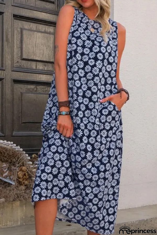 Printed Sleeveless Round Neck Midi Dress