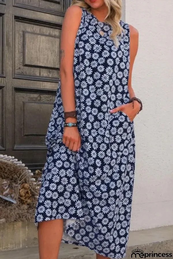 Printed Sleeveless Round Neck Midi Dress