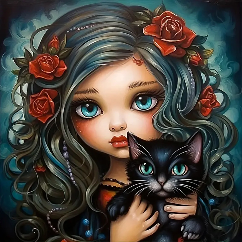 Black Cat Girl 30*30cm(canvas) full round drill diamond painting