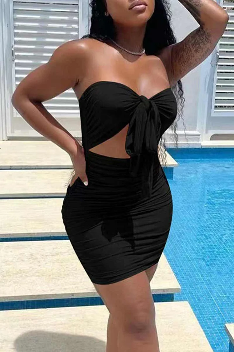Black Sexy Solid Hollowed Out Patchwork Knotted Strapless Pencil Skirt Dresses