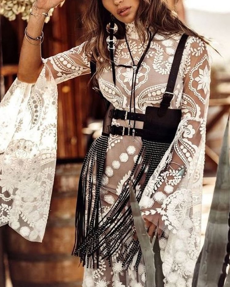 Tribal Print Tulle Slit Long-sleeved Dress