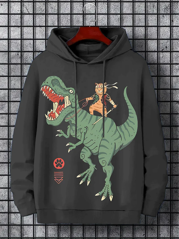 Men's Cat Warrior Rides A Dinosaur Japan Art Print Casual Hoodie