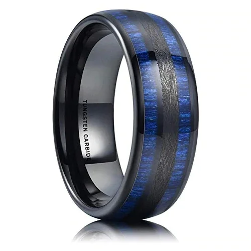 Women's or Men's Tungsten Carbide Wedding Band Rings,Black and Blue Tone with Maple Wood Inlay,High Polish Domed Top Tungsten Carbide Ring With Mens And Womens For Width 4MM 6MM 8MM 10MM