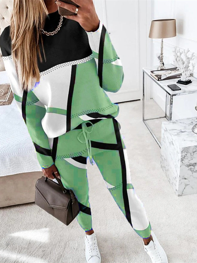 Women Casual Long Sleeve Round Neck Graphic Two-Piece Set