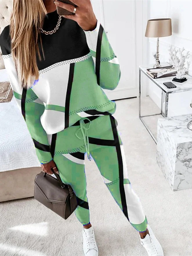 Women Casual Long Sleeve Round Neck Graphic Two-Piece Set