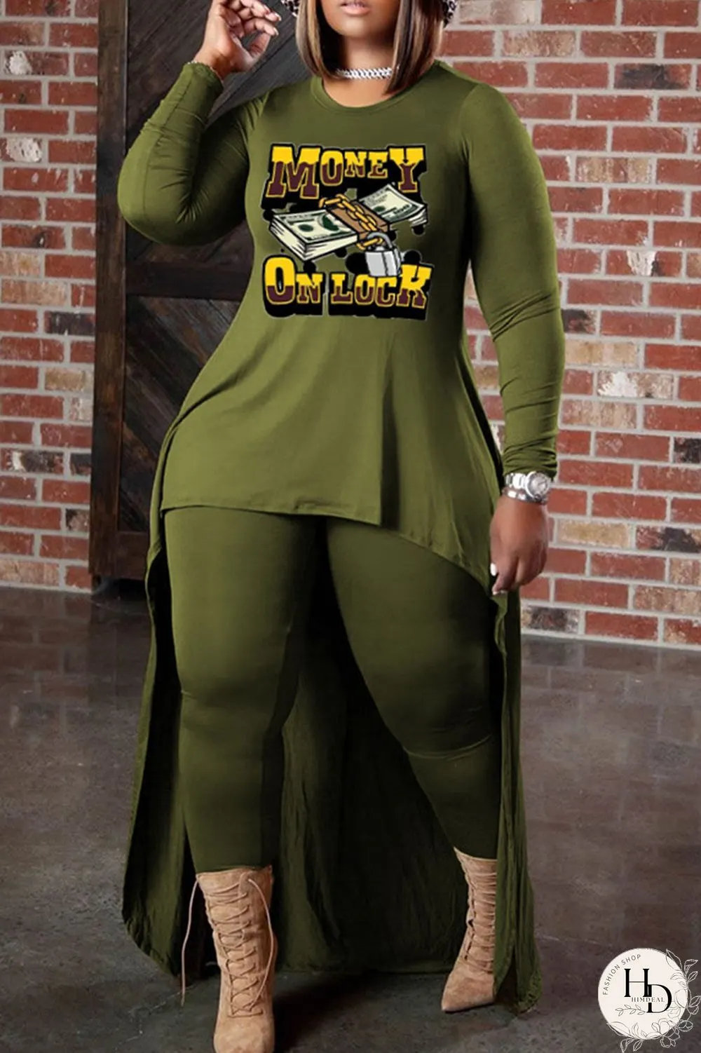 Deep Coffee Casual Print Patchwork O Neck Long Sleeve Two Pieces