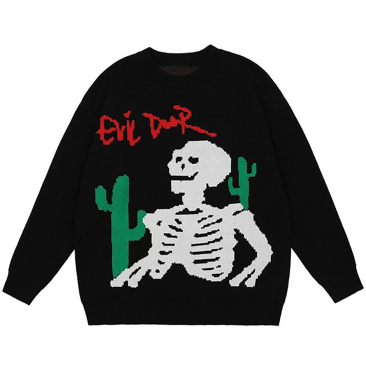 Evil Dark Letter Skeleton Print Loose Sweater - Modakawa Modakawa