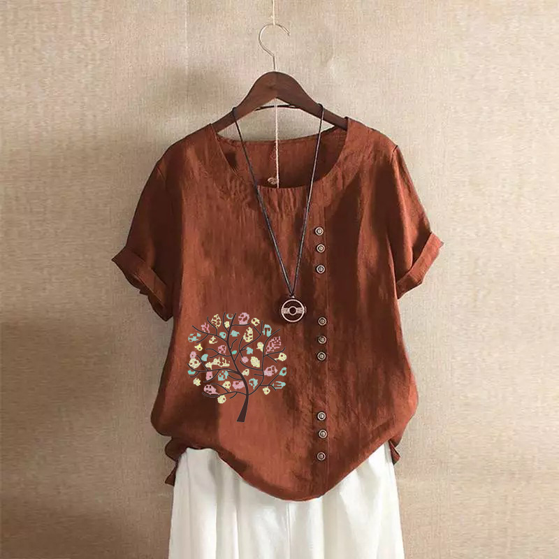 Northwnidgrp Round Neck Short Sleeved Pullover Shirt 2025 Women's Summer Retro Casual Loose Cotton Linen Pullover Large Blouses