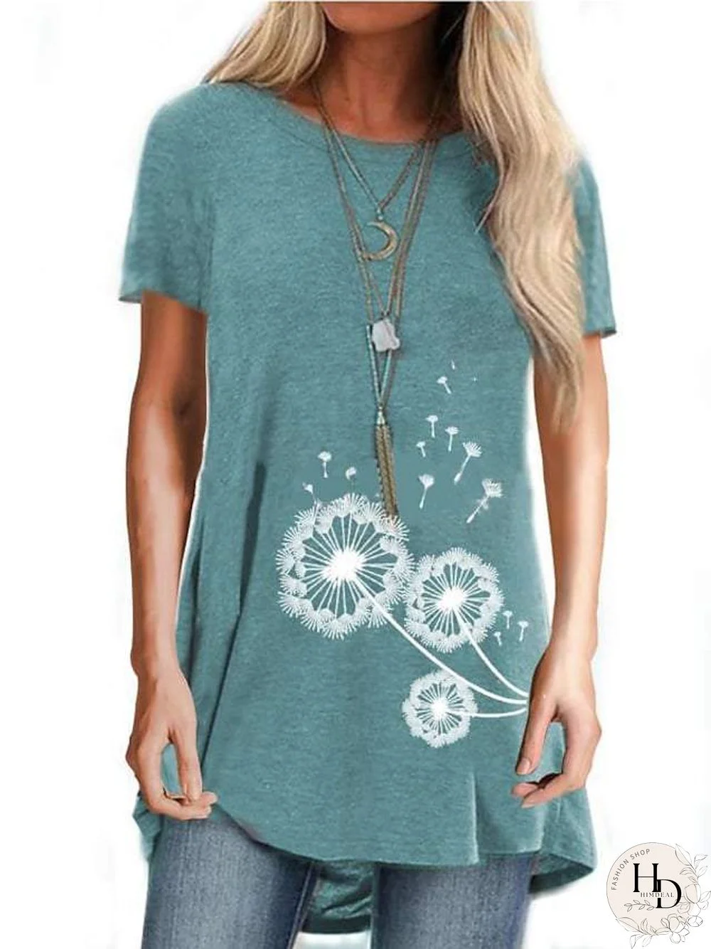 Women Short Sleeve Tee Crew-neck Tunics Wear with Leggings Oversized Summer Dandelion Tops T Shirts (khaki, Medium)