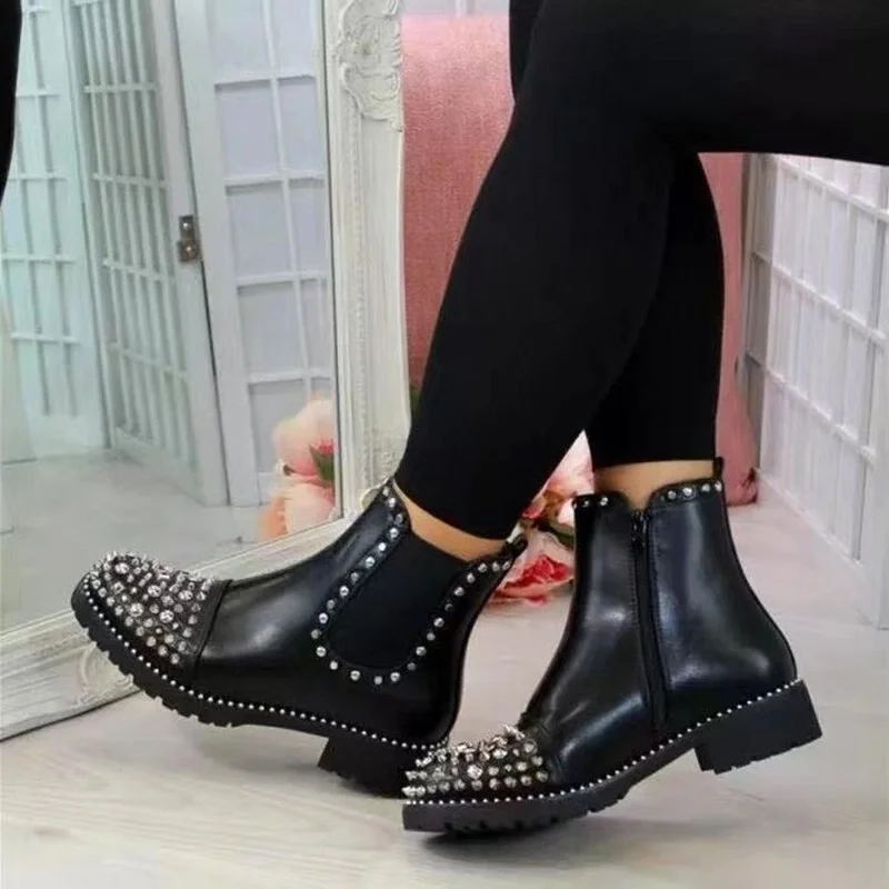 2021 women's new punk style autumn women's boots pointed toe low-heel rivet rhinestone Chelsea fashion boots women's shoes