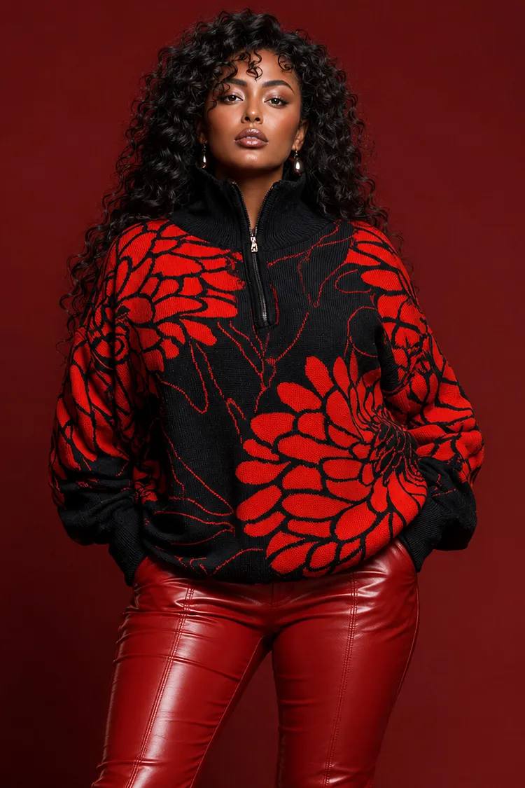 Xpluswear Design Plus Size Christmas Black Floral Half-Zip Collar Long Sleeve Crochet Sweaters [Pre-Order] 2024 - Xpluswear