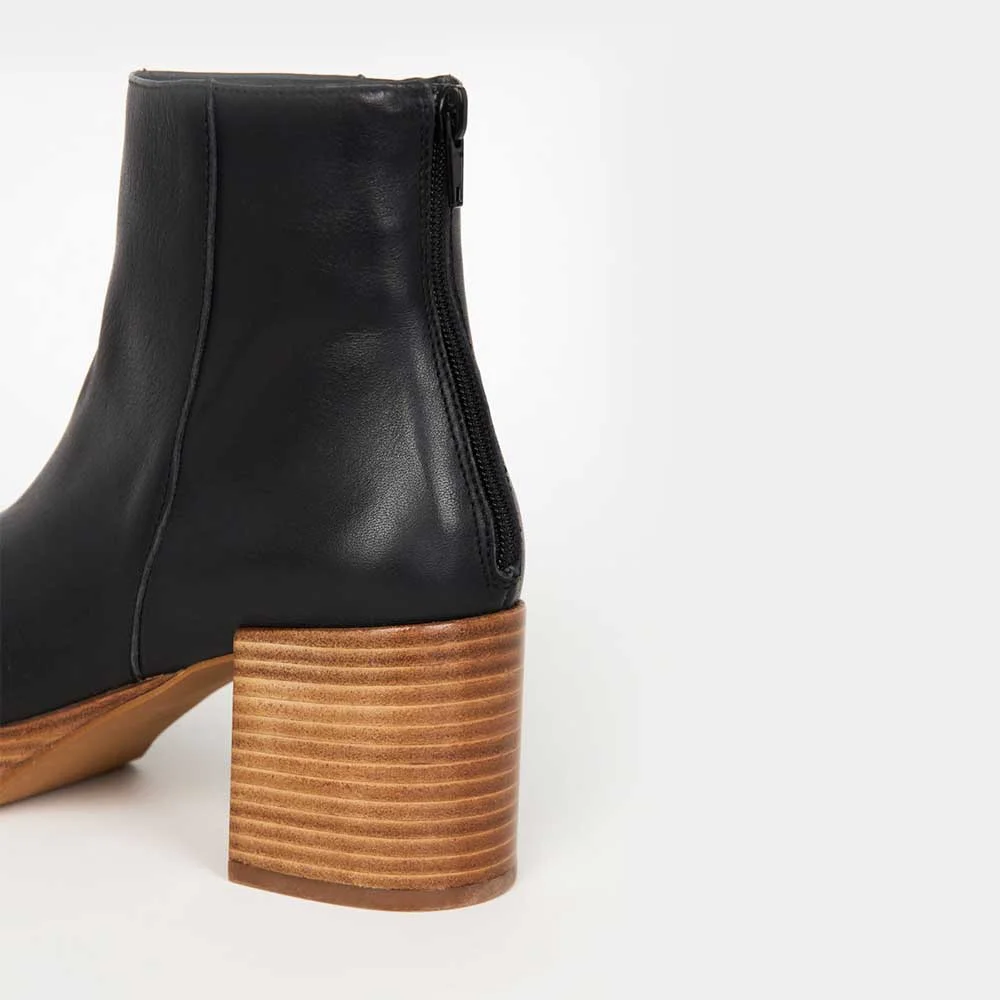 Short Vegan Leather Round Toe Mid Heel Black Platform Boots Women