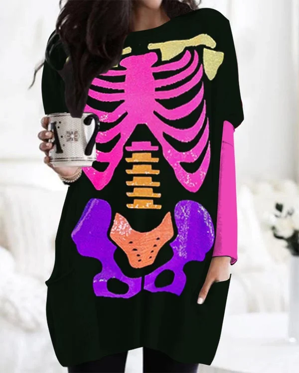Personalized Fashionable Rainbow Skull Mid-length Knitted Top