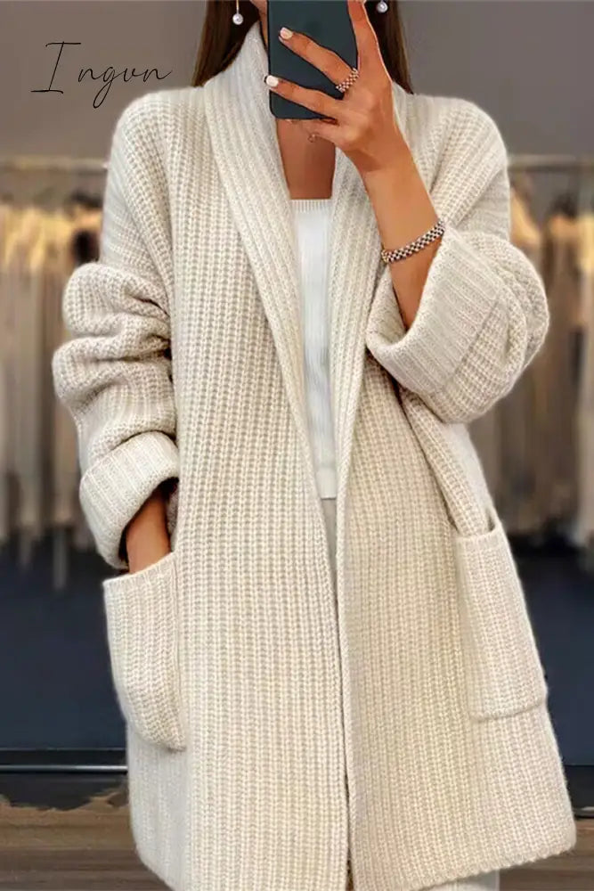 Ingvn - Casual Simplicity Solid Pocket Weave Cardigan Collar Outerwear Cream White / S