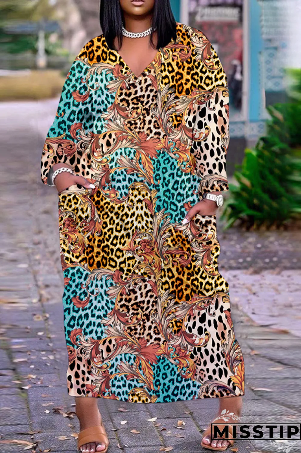 Blue Casual Print Patchwork V Neck Straight Dresses